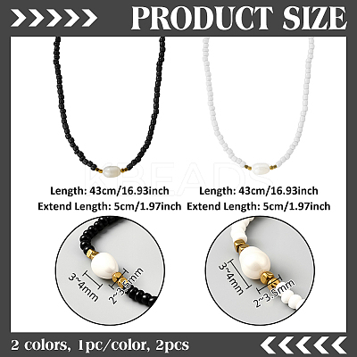 2Pcs 2 Color Rice Natural Pearl & Glass Seed Beaded Necklaces for Women NJEW-GO0001-04B-1