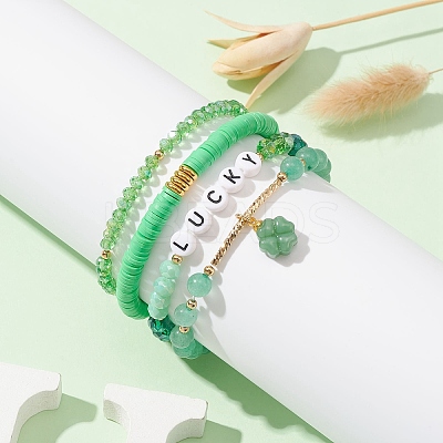4Pcs 4 Style Glass & Polymer Clay Beaded Stretch Bracelets Set with Clover Charms BJEW-TA00305-1