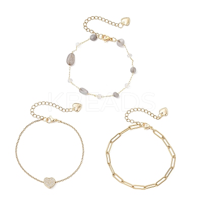 304 Stainless Steel Heart & Natural Labradorite Nuggets Link Chain 3 Layer Stackable Necklaces BJEW-JB12459-02-1
