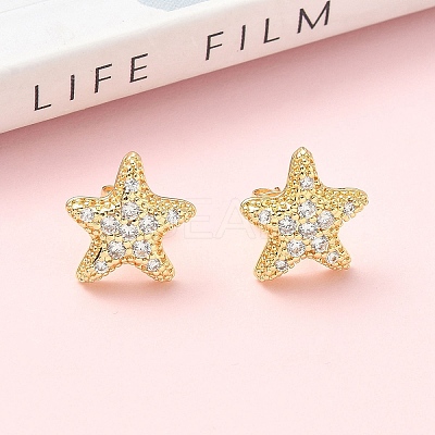 Starfish Brass Micro Pave Clear Cubic Zirconia Stud Earrings EJEW-Z144-19G-1