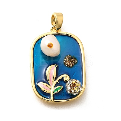 Brass Dodger Blue Glitter Enamel Rectangle Pendants KK-K398-14G-1