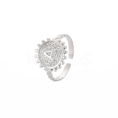 Non-Tarnish 304 Stainless Steel Flat Round with Initial Letter Open Cuff Ring for Men Women RJEW-S405-246P-A-1