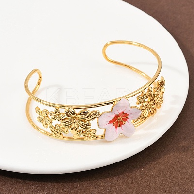 Flower 304 Stainless Steel Cuff Bangles for Women BJEW-A049-02G-1
