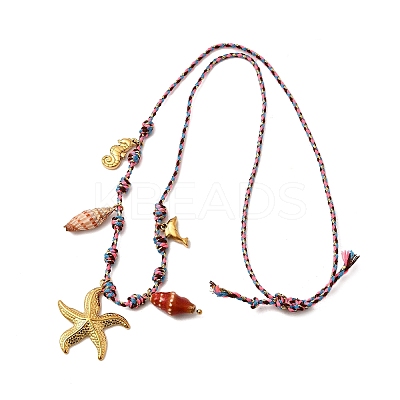 Summer Beach 304 Stainless Steel & Electroplated Natural Shell Pendant Adjustable Polyester Cord Necklaces for Women NJEW-F348-01C-G-1
