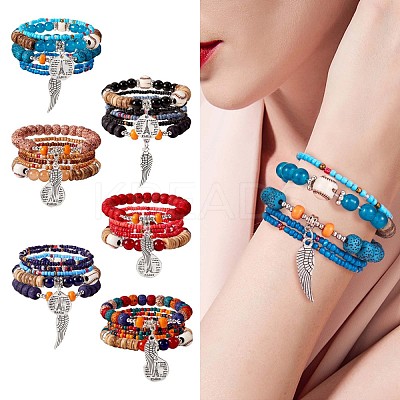 5Pcs 5 Style Wood & Glass Seed & Acrylic Beaded Stretch Bracelets Set with Baseball JB709E-1