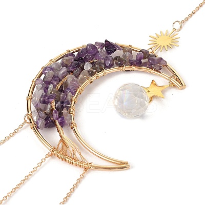 Wire Wrapped Natural Amethyst Moon with Tree of Life Pendant Decorations HJEW-K046-07G-06-1