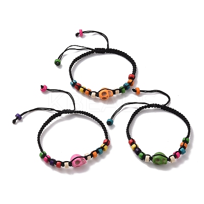 Synthetic Turquoise Skull & Wood Disc Braided Bead Bracelet for Halloween BJEW-TA00260-1