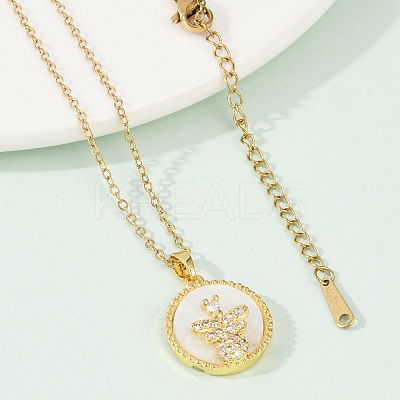 Flat Round with Bee Brass Micro Pave Cubic Zirconia Pendant Neckalces for Women NJEW-C076-12G-1