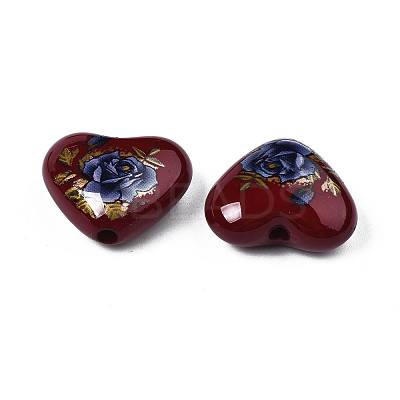 Flower Printed Opaque Acrylic Heart Beads SACR-S305-28-L01-1