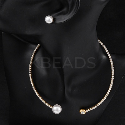 Round Plastic Imitation Pearl Stud Earrings & Cubic Zirconia Rhinestone Cuff Choker Necklaces Sets SJEW-U003-07G-1