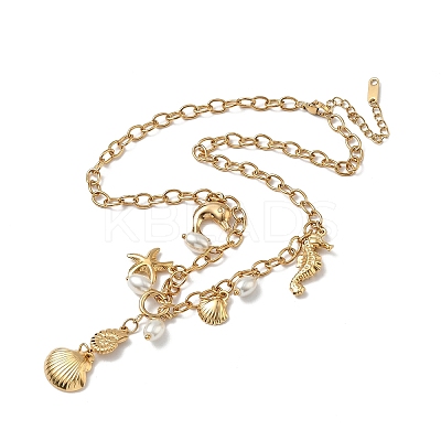 Ocean 304 Stainless Steel & Plastic Pearl Dolphin Starfish Shell Shape Pendant Necklaces for Women NJEW-G180-02G-1
