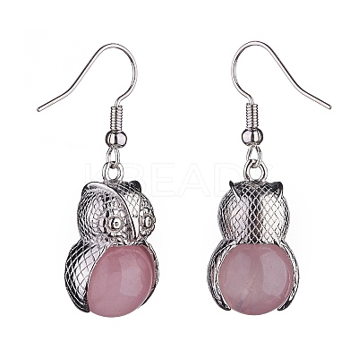 Natural Rose Quartz Owl Dangle Earrings EJEW-A092-08P-04-1