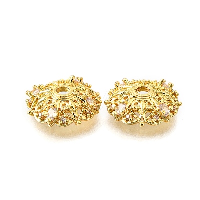 Flower Brass Micro Pave Clear Cubic Zirconia Bead Caps KK-V008-30G-1