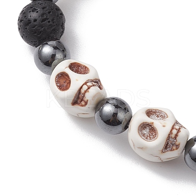 2Pcs Halloween Skull Synthetic Turquoise & Round Lava Rock & Synthetic Non-Magnetic Hematite Beaded Stretch Bracelet Sets for Women BJEW-JB10656-1