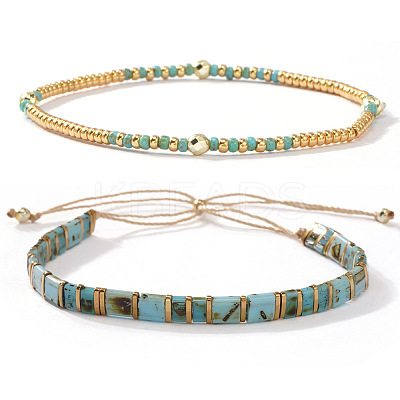 2Pcs 2 Styles Bohemian Glass Seed Bead Stretch & Slider Bracelet Set for Women VC8065-7-1
