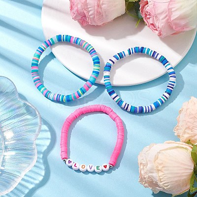 3Pcs 3 Colors Polymer Clay Disc Beaded Stretch Bracelet Sets BJEW-JB10441-02-1