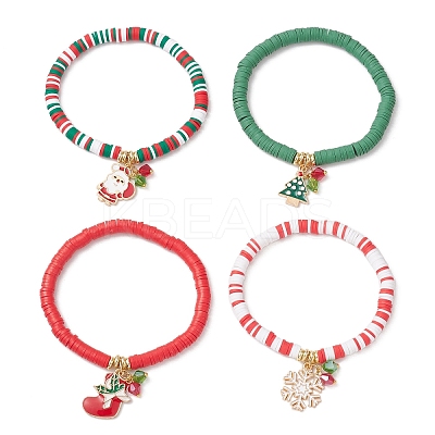 4Pcs Christmas Theme Handmade Polymer Clay Beads Stretch Bracelet Sets BJEW-JB12111-1