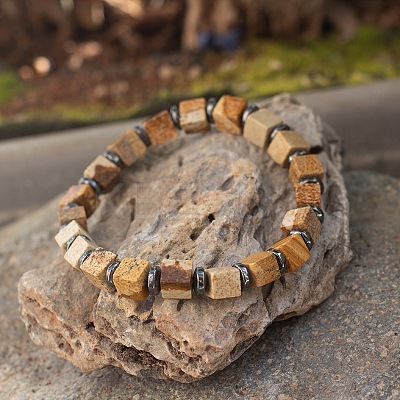 Cube Natural Picture Jasper & Synthetic Non-magnetic Hematite Beads Stretch Bracelets for Women Men LS-PF6426-12-1
