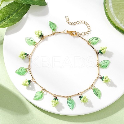 Acrylic Leaf & Glass Seed Beaded Grapes Tassel Brass Bar Link Chain Anklets for Women AJEW-MZ00008-02-1