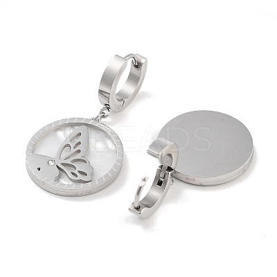 Left and Right Flat Round with Butterfly 304 Stainless Steel Shell Dangle Earrings EJEW-L283-071P-1