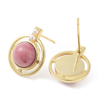 Natural Rhodochrosite Half Round Dangle Stud Earrings EJEW-B027-01G-02-1