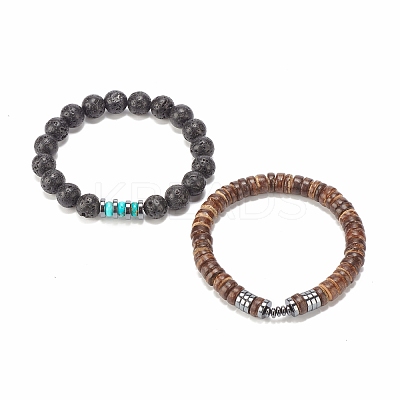 2Pcs 2 Style Natural Coconut & Gemstone Stretch Bracelets Set BJEW-JB07938-1