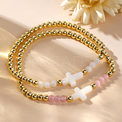 2Pcs Brass & Imitation & Natural White Jade & Rose Quartz Beads Stretch Bracelet Set for Women SD2204-2-1