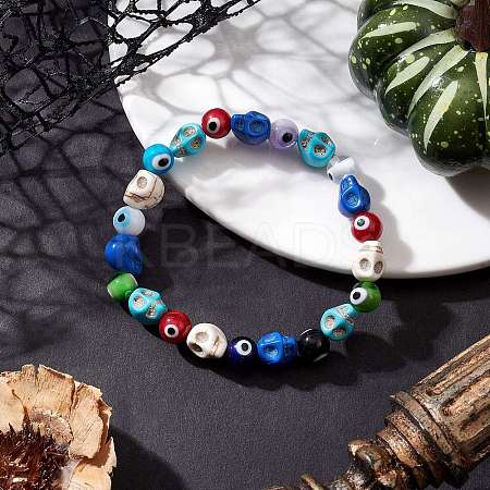 Halloween Dyed Synthetic Turquoise Skull & Lampwork Evil Eye Round Beaded Stretch Bracelets for Women Men BJEW-JB12268-03-1