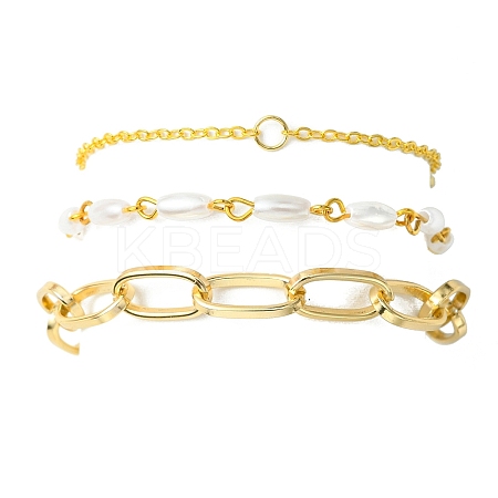 3Pcs 3 Style Aluminium Paperclip & Brass Curb & Imitation Pearl Acrylic Beaded Link Chain Bracelets Set BJEW-FS0001-08-1