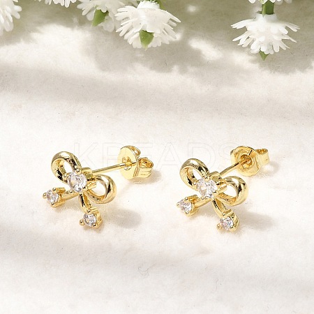 Bowknot Brass Micro Pave Clear Cubic Zirconia Stud Earrings for Women EJEW-G460-03G-1