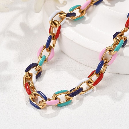 304 Stainless Steel Colorful Enamel Curb Chain Necklaces for Women NJEW-P328-01G-1