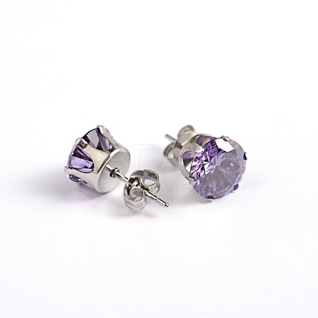 Flat Round 304 Stainless Steel Cubic Zirconia Stud Earrings EJEW-H306-43-5mm-1