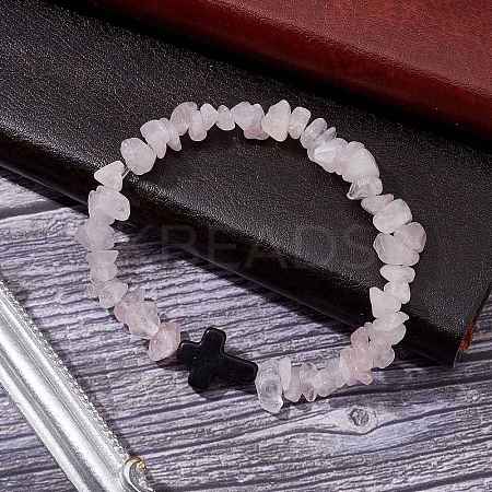Natural Rose Quartz Chips Stretch Bracelets for Women Men BJEW-JB11341-12-1