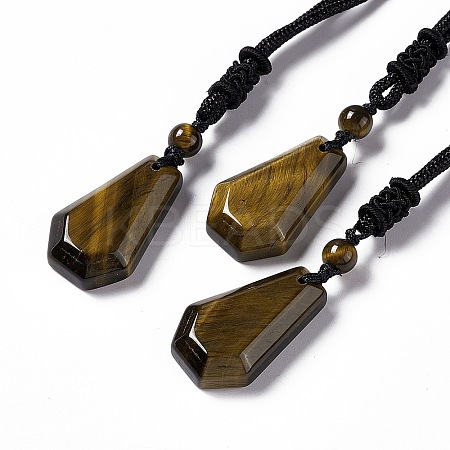 Natural Tiger Eye Hexagon Pendant Necklace with Nylon Cord NJEW-G094-A04-1