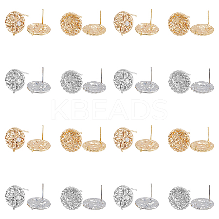 8Pcs 4 Style Flat Round with Flower Brass Micro Pave Clear Cubic Zirconia Stud Earrings Findings KK-DC0002-90-1