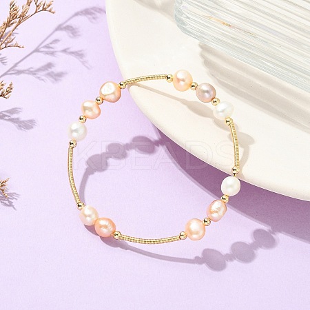 Nuggets Natural Cultured Freshwater Pearl & Brass Beaded Bangles BJEW-JB13979-1