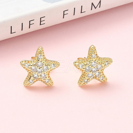Starfish Brass Micro Pave Clear Cubic Zirconia Stud Earrings EJEW-Z144-19G-1