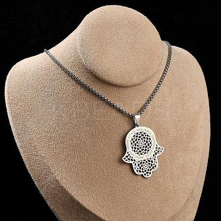 201 Stainless Steel Hollow Religion Hamsa Hand Pendant Necklaces LS-NJEW-M086-01P-1