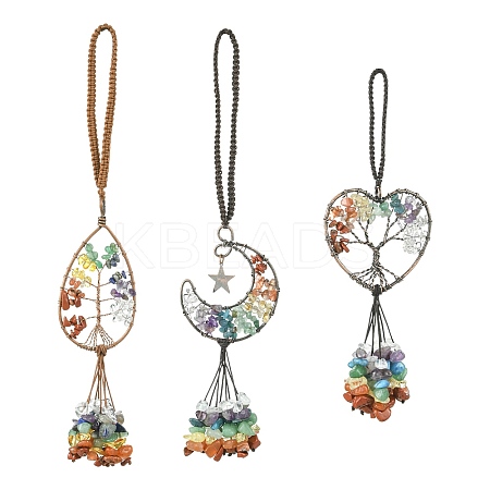 3Pcs 3 Styles Copper Wire Wrapped Chakra Natural Gemstone with Tree of Life Pendant Decorations HJEW-CJ0001-22-1