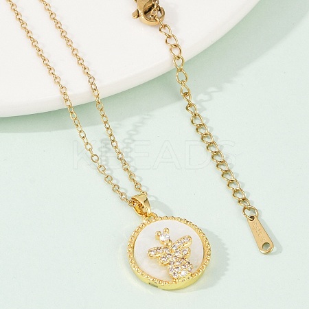 Flat Round with Bee Brass Micro Pave Cubic Zirconia Pendant Neckalces for Women NJEW-C076-12G-1