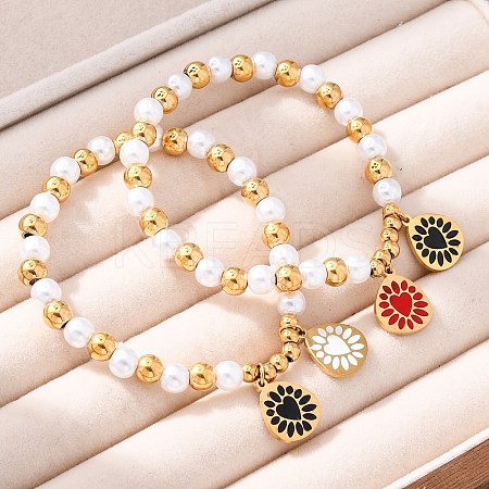 201 Stainless Steel Round Beaded Stretch Bracelets BJEW-C090-03G-G-1