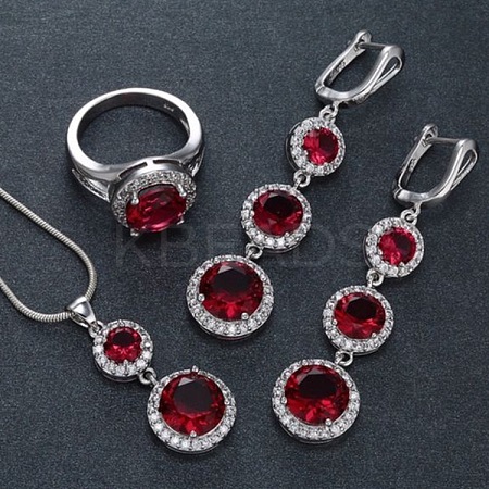 Flat Round Alloy Cubic Zirconia Pendant Necklaces & Hoop Earrings & Rings Sets FS-WG75211-02-1
