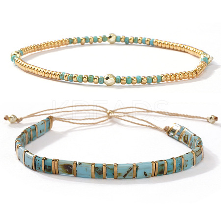2Pcs 2 Styles Bohemian Glass Seed Bead Stretch & Slider Bracelet Set for Women VC8065-7-1