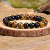 Black Obsidian & Tiger Eye Round Beaded Stretch Bracelets for Men Women FS-WG54ED5-01-1