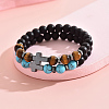 2Pcs 2 Styles Matte Natural Black Obsidian & Tiger Eye & Synthetic Turquoise Round Beads Stretch Bracelets IH5408-4