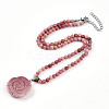 Natural Rhodonite 4.5mm Round Beaded Flower Pendant Necklaces NJEW-T016-04L-3
