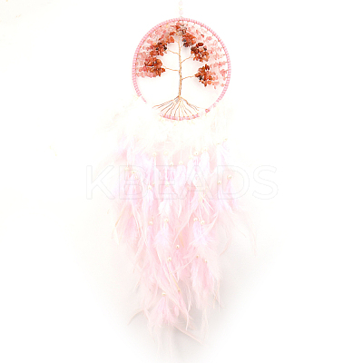 Tree of Life Wrapped Natural Rose Quartz Chips Woven Web/Net with Feather Decorations PW-WG91800-11-1