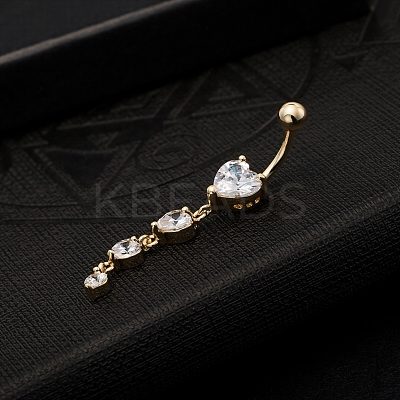 Real 18K Gold Plated Piercing Jewelry Brass Cubic Zirconia Heart Navel Ring Navel Ring Belly Rings AJEW-EE0001-06-1