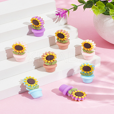 8Pcs 4 Colors Sunflower Flowerpot Food Grade Eco-Friendly Silicone Beads SIL-LP0001-04-1