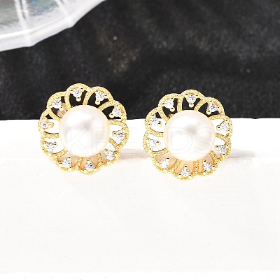 Flower Brass Micro Pave Clear Cubic Zirconia Stud Earrings EJEW-A135-24G-1